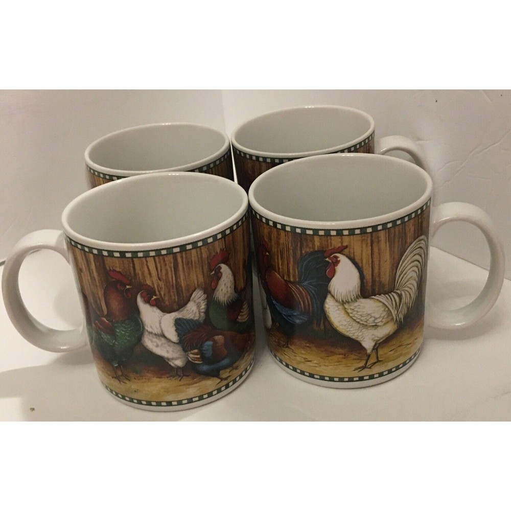 SAKURA Oneida 4 Stoneware Rooster Mugs on the Farm 12 oz 2002 New